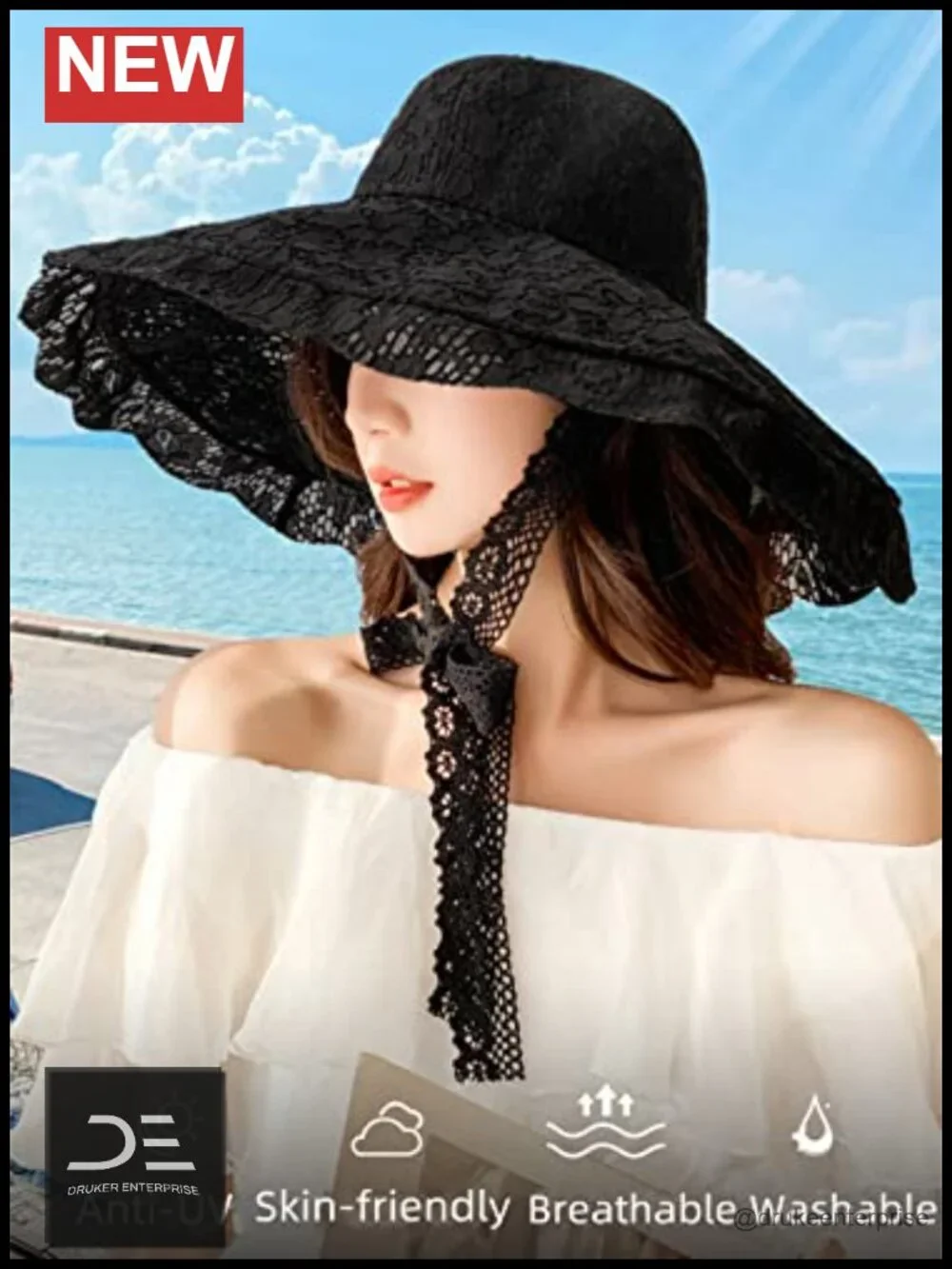 Lace Floppy Wide Brim Sun Hat with Chin Strap Foldable Bucket Hat